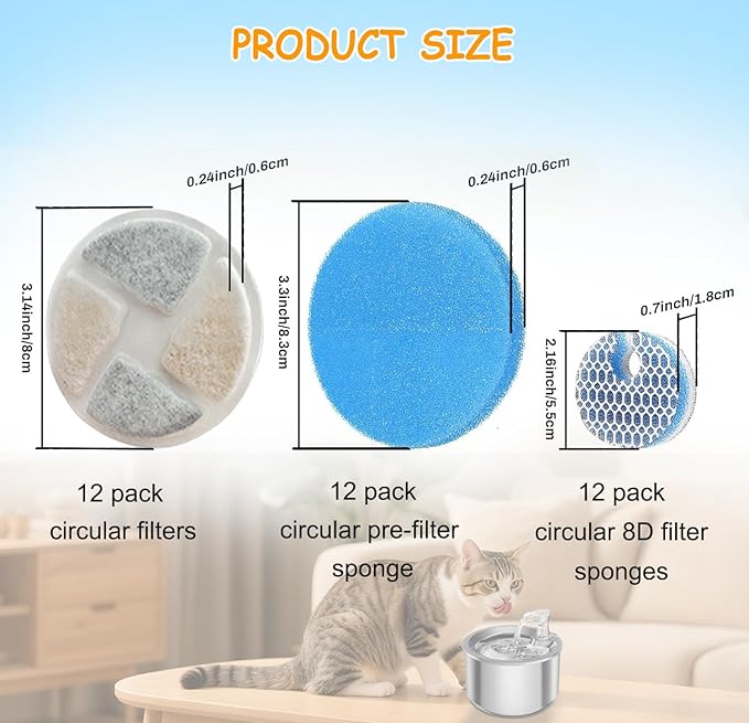 12 Set Cat Fountain Filter Replacement for Round 2L/67oz Automatic Dog Dispenser Water Bowl, Stainless Steel Pet Water Fountain Filters with Triple