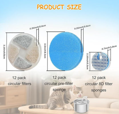12 Set Cat Fountain Filter Replacement for Round 2L/67oz Automatic Dog Dispenser Water Bowl, Stainless Steel Pet Water Fountain Filters with Triple