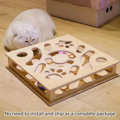 Interactive Wooden Cat Puzzle Toy Box with 4 Balls Interactive Cat Toy for Indoor Cats Indoor Hunting Play Toy Treat Puzzle Toys for Cats