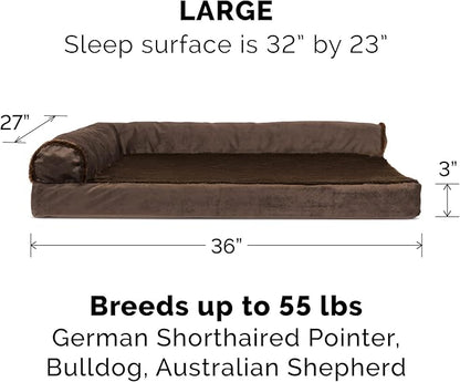 Furhaven Cooling Gel Dog Bed for Large/Medium Dogs w/ Removable Bolsters & Washable Cover, For Dogs Up to 55 lbs - Plush & Velvet L Shaped Chaise - Sable Brown, Large