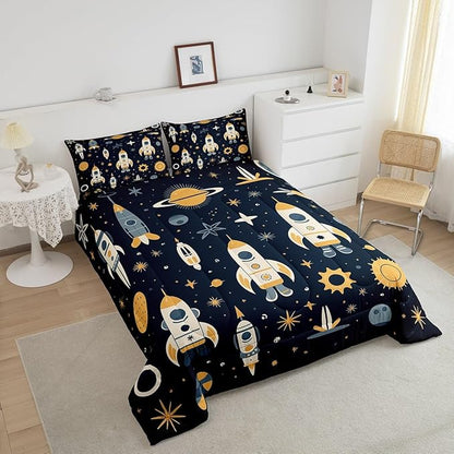 Erosebridal Galaxy Sun Bedding Sets Full Universe Stars Down Comforter,Rocket Quilt Set for Kids Toddler Cartoon Planets Style Quilted Comforter Lightweight Soft Room Decorative 3 Piece