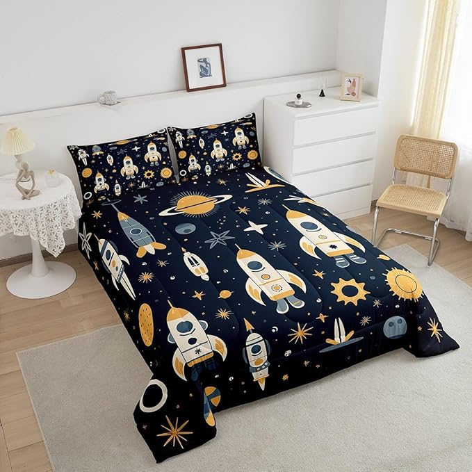 Erosebridal Galaxy Sun Bedding Sets Twin Universe Stars Down Comforter,Rocket Quilt Set for Kids Toddler Cartoon Planets Style Quilted Comforter Lightweight Soft Room Decorative 2 Piece