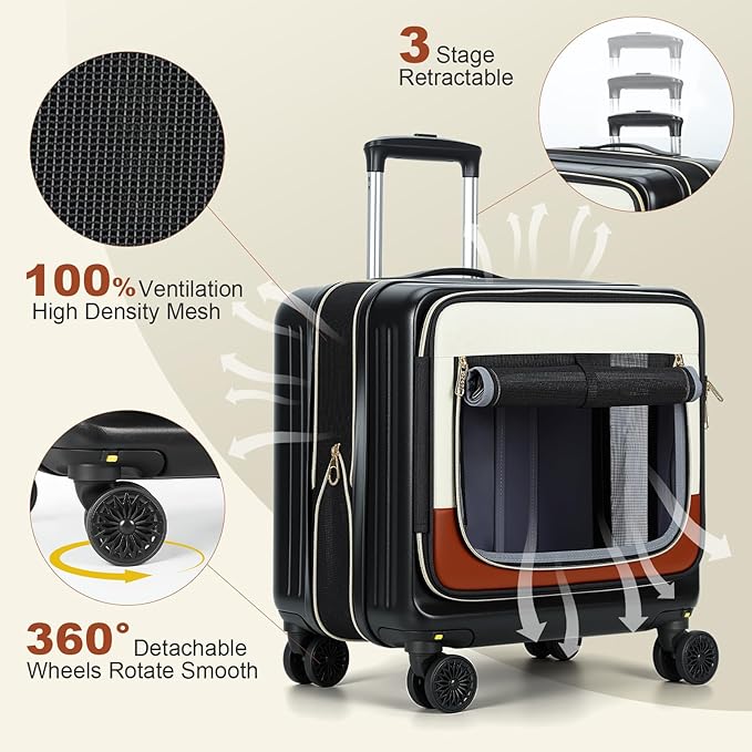 Lekereise Pet Carrier Rolling Dog Luggage with Expandable Design, 2-in-1 Small Cat Travel Bag for Pets & Owner's Suitcase, Hands-Free Maneuverable with Wheels & Telescopic Handle for Amtrak