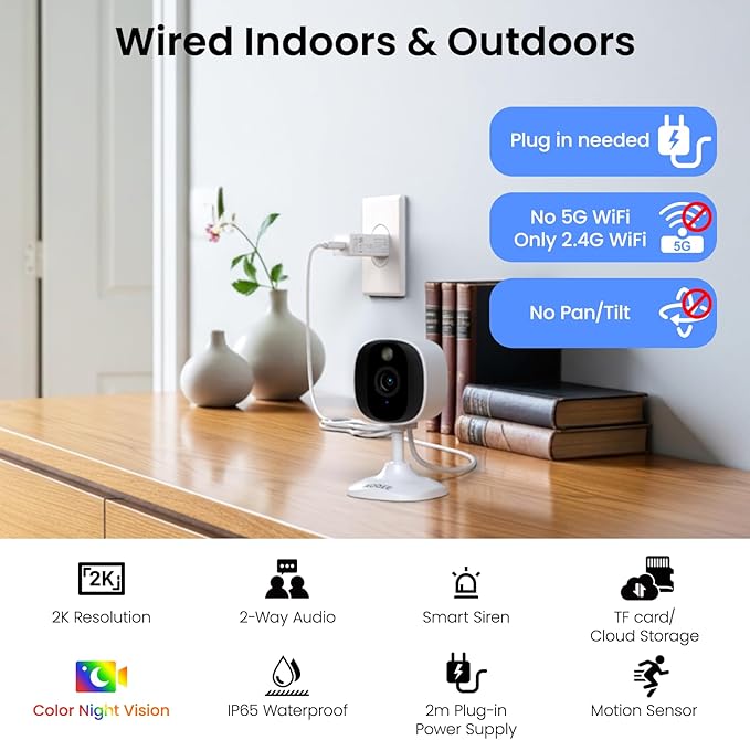 AOQEE 2K Cameras for Home Security-Outdoor/Indoor Camera for Dog/Cat/Pet/Nanny/Baby/Elderly, Color Night Vision, White Light, Siren, 24/7 SD Recordings, Works with Alexa, Plug in (C1-White-3pack-2.4G)