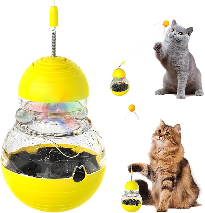 Cat Interactive Toys Engaging Wand, Slow Food Treat Dispenser, and Tumbler Design for Indoor Cats Durable, Non-Toxic, Ideal for Exercise and Boredom Relief Gift for Kitten, Yellow