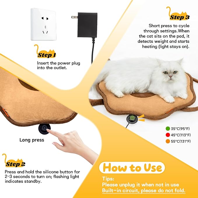 Cat Heating Pad for Indoor Cats Dogs Pressure-Activated Heated Cat Bed for Pets Warming Mat Electric Heated Pads with Removable Cover Adjustable Temp Sunflower Brown 22"X 22"