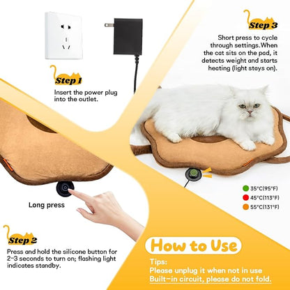 Cat Heating Pad for Indoor Cats Dogs Pressure-Activated Heated Cat Bed for Pets Warming Mat Electric Heated Pads with Removable Cover Adjustable Temp Sunflower Brown 22"X 22"