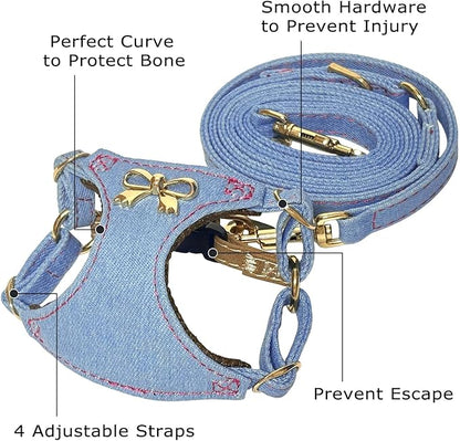 No Pull Dog Harness and Leash Set for Small Sized Dog Training; Puppy Harnesses with Multifunction Dog Leash, Soft Adjustable Denim No Choke Escape Proof Pet Harness for Small and Medium Dog (Blue S)