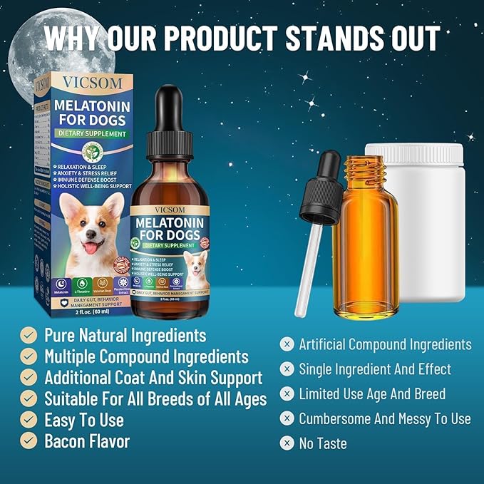 Liquid Melatonin for Dogs, Dog Melatonin with L-Theanine for Small Medium Large Dog Sleep Aid, Stress & Anxiety Relief, Calm Aid for Dogs Puppies, Support Relaxation & Deep Sleep, 60ml