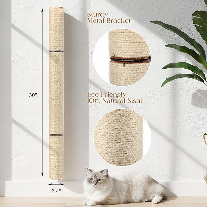 AceOrbit 2 Pcs 30" Wall Mounted Cat Scratching Post for Large Cats, Wall Mounted Sisal Scratching Post, Furniture for Indoor Cats Climb Stretch Play, Tall and Sturdy Cat Climbing Pole