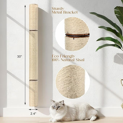 AceOrbit 2 Pcs 30" Wall Mounted Cat Scratching Post for Large Cats, Wall Mounted Sisal Scratching Post, Furniture for Indoor Cats Climb Stretch Play, Tall and Sturdy Cat Climbing Pole