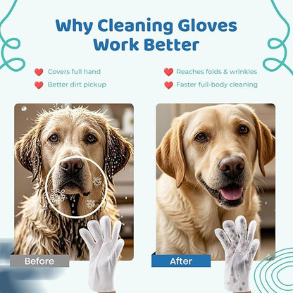 Pet Glove Wipes for Dogs & Cats, No Rinse Full Body Cleaning Large Gloves (9.84 x 9.05 inch), Gentle Grooming for Paws Face Ears Eyes Coat, Alcohol Free, 20 Count