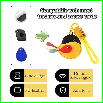 Leather Keychain Holder Case Compatible with AirTag,Cute Protective Cover with Keyring and Lanyard,Anti-Scratch Finder GPS Tracker Case for Wallet Keys,Bag,Pets,Backpack(Yellow Bird)