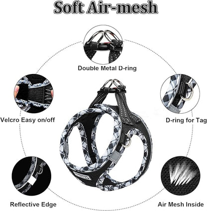 Mercano Soft Mesh Dog Harness and Leash Set, No-Chock Step-in Reflective Breathable Lightweight Easy Walk Vest Harnesses with Safety Buckle for Small Dogs, Cats (Black White, XS)