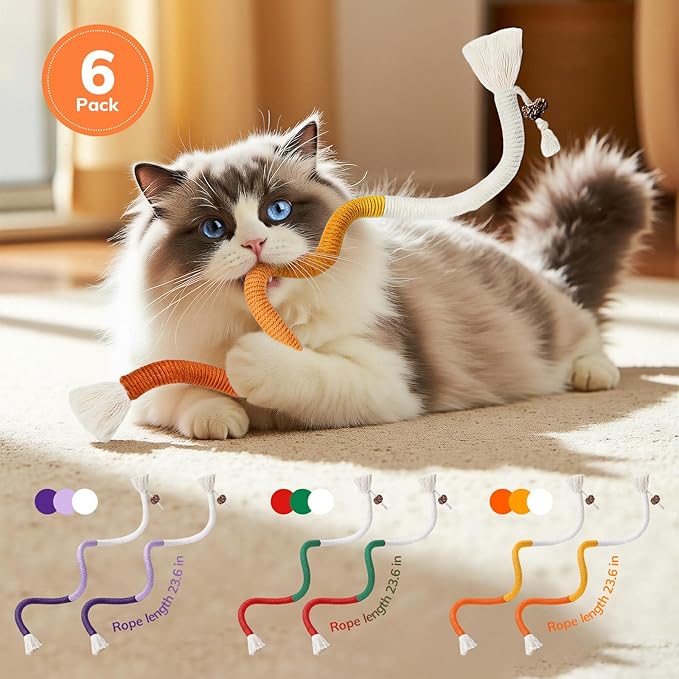 6Pcs Cat Chew Ropes, 23.6inch, Cat Toys for Indoor Cats with Natural Gall Fruit, Interactive Cat Rope Toys for Teeth Cleaning, Boredom Relief, Interactive Kitten Nip Toys and All Breeds