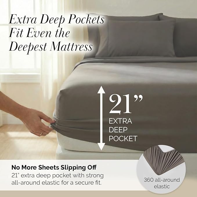 Southshore Fine Living, Inc. 21-Inch Extra Deep Pocket Queen Sheets, 6-Piece, Microfiber Sheet Set Queen Size, Oversized Flat, Deep Pocket Fitted Sheet, Taupe Pillowcases, Dark Taupe Sheets