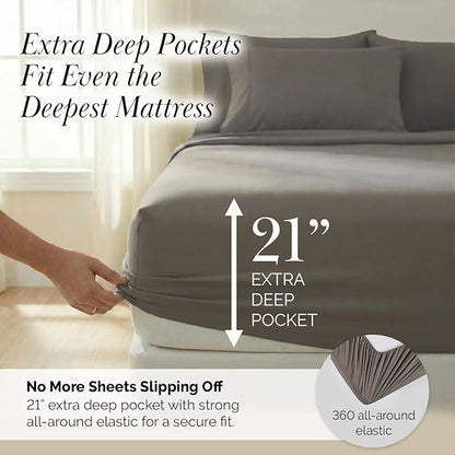 Southshore Fine Living, Inc. 4-Piece Twin XL Bed Sheets Premium Bedding, 21-Inch Deep Pocket Sheet Set, Twin XL Fitted Sheet, Dark Taupe Pillow Cases Standard Size Set of 2, Dark Taupe Sheets