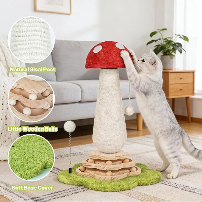 Mushroom Cat Scratching Post Cat Tree, Cute Cat Scratcher Tower with Interactive Ball Two-Layer Track Spring Ball Toys, Mushroom Scratch Post Cat Sisal Scratcher with Catnip for Indoor Cats