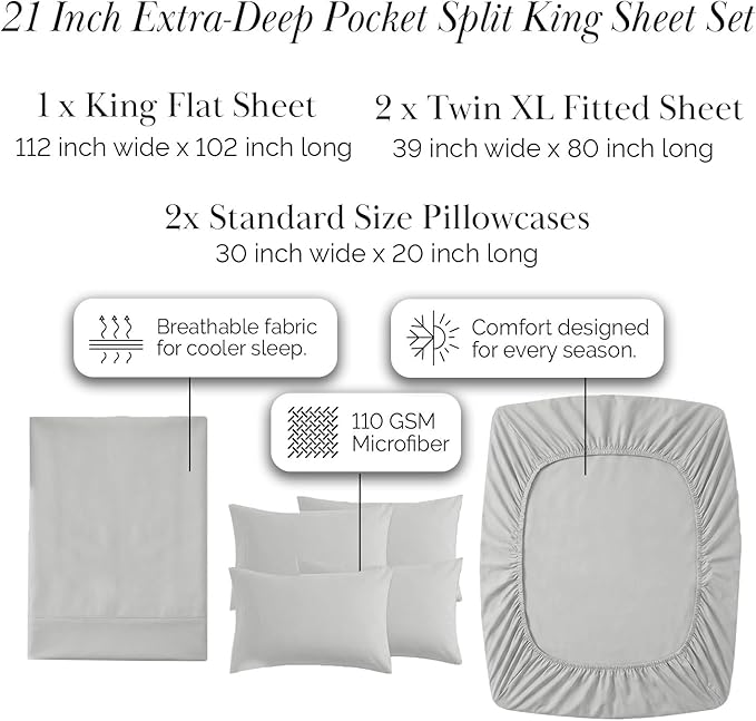Southshore Fine Living, Inc. 4-Piece Dorm Sheets Twin XL Set, 21-Inch Extra Deep Pocket Sheets, Deep Pocket Twin XL Fitted Sheet, Light Grey Pillow Cases Set of 2, Light Grey