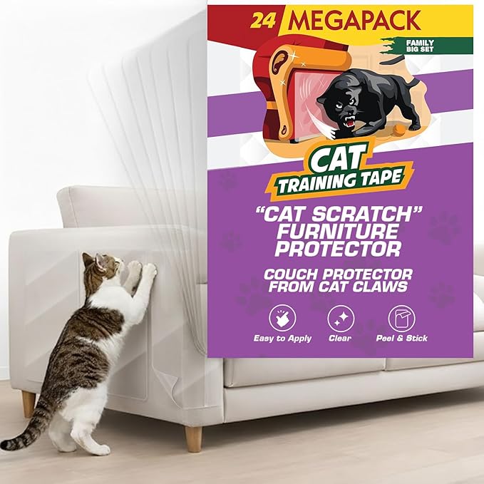 24 Pack Cat Scratch Furniture Protector Tape Sheets – Double-Sided Sticky Training (10 XL, 10 Large, 4 Medium) – Anti-Scratch Couch & Sofa Guard – Clear – Not for Leather, Velvet, Microfiber