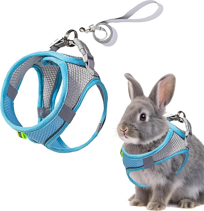 Rabbit Harness and Leash Set Escape Proof, Adjustable Soft Padded Vest, Breathable Mesh Bunny Harness with Reflective Strap, Safe for Small Animals(Blue,M)