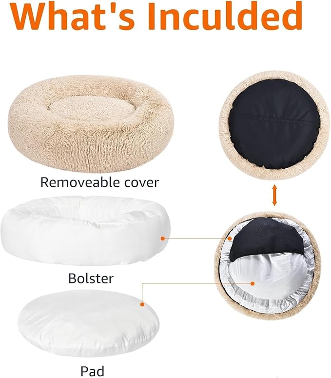 Amazon Basics Washable Donut Pet Bolster Faux Fur Bed with Removable Cover, Anti-Slip Bottom for Dog, Beige, 45" x 45"