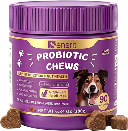 Probiotics for Dogs - 800M CFU Dog Probiotic Chews with Digestive Enzymes & Pumpkin | Seasonal Allergy, Itchy Skin & Immune Support for All Breeds - 90 Soft Chews, Chicken Flavor