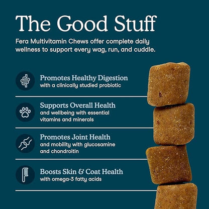 Fera Pets Dog Multivitamin Chews with Glucosamine and Probiotics - Essential Dog Vitamins & Minerals - Promotes Healthy Digestion & Joints - Boosts Skin & Coat Health with Omega-3s - 90 Soft Chews