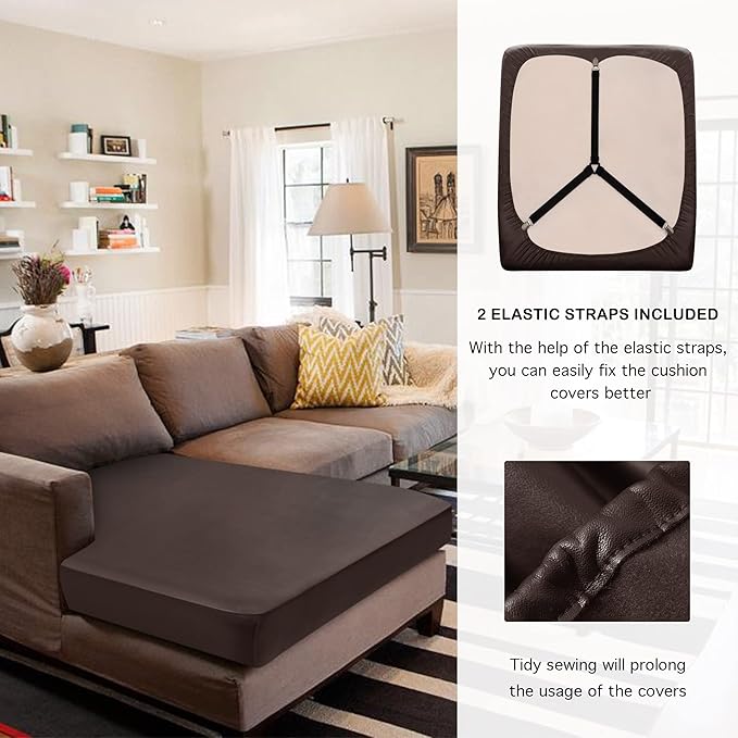 Yates Home Couch Covers for Sectional Sofa L Shape PU Leather Cushion Slipcover Water-Proof Elastic Chaise Seat Cover Protector Slip Cover for Settee Seater Replacement in Living Room（XXL, Chocolate