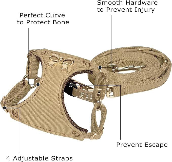 No Pull Dog Harness and Leash Set for Small Sized Dog Training Puppy Harnesses with Multifunction Dog Leash Soft Adjustable Denim No Choke Escape Proof Pet Harness for Small and Medium Dog (Brown XXS)