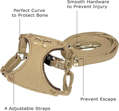No Pull Dog Harness and Leash Set for Small Sized Dog Training Puppy Harnesses with Multifunction Dog Leash Soft Adjustable Denim No Choke Escape Proof Pet Harness for Small and Medium Dog (Brown XS)