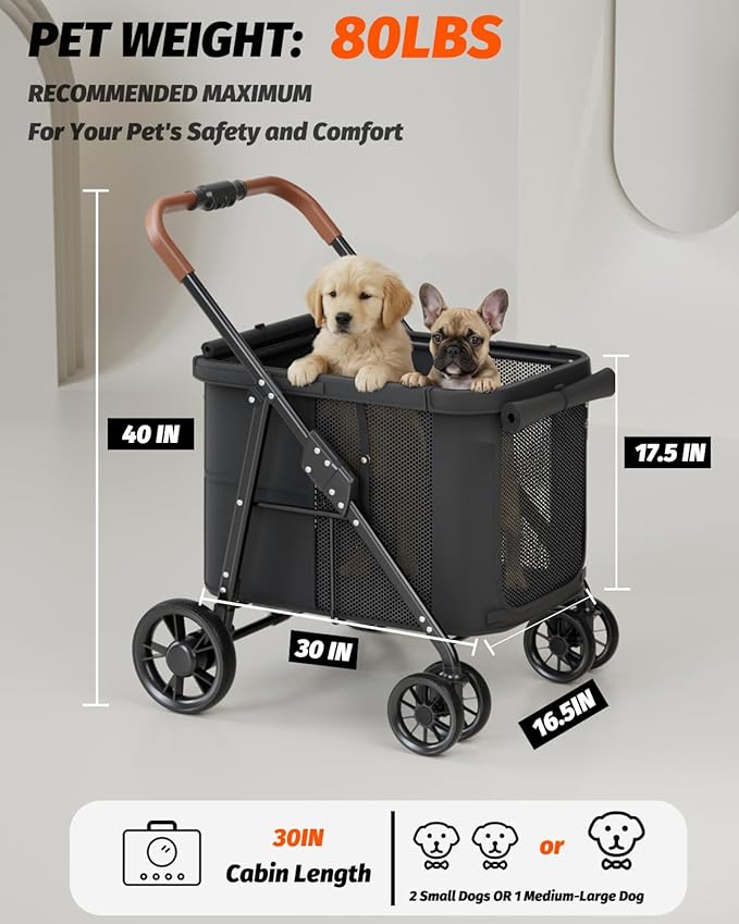Dog Stroller for Large & Medium Dogs, Pet Stroller for 2 Small Dogs Up to 80 Lbs, Extra Large Heavy Duty, Folding & Breathable, All-Terrain Wheels, Black