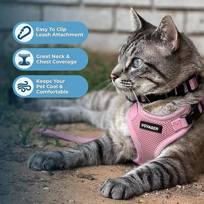 Voyager Escape-Proof Step-in Lock Cat Harness & 5ft Neoprene-Handle Leash Set All-Weather Mesh with Reflective Stitching for Small to Large Cats by Best Pet Supplies, Pink, XS