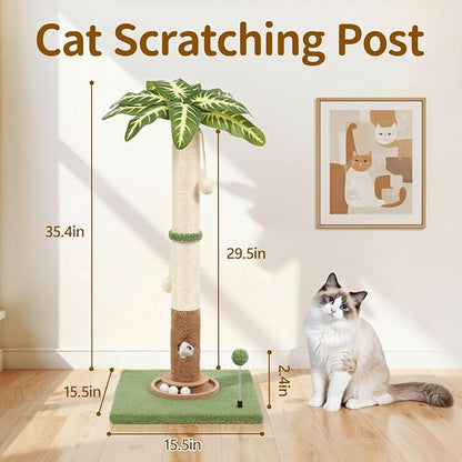 Tall Cat Scratching Post Vertical Pole for Indoor, 35" Palm Tree Sisal Scratch Post for Large Adult Cats Kittens, Heavy Duty Wooden Carpet Pole with Ball Track Leaves, Furniture Protection