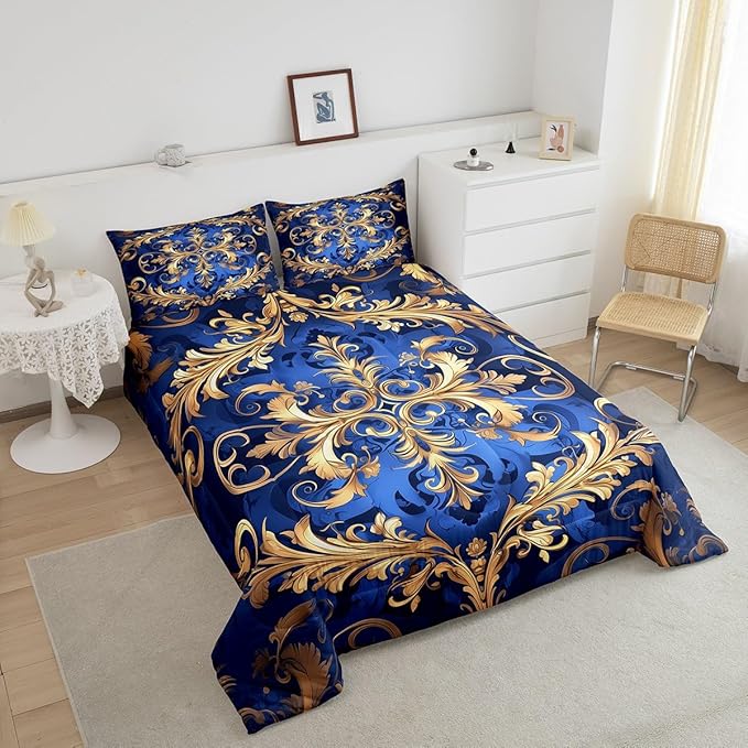 Erosebridal Paisley Comforter Set Queen Flower Bedding Set, Navy Blue Gold Bedding Comforter Sets Golden Floral Duvet, Bohemian Hippie Quilted Comforter Teen Adults Bedroom Décor, Lightweight 3pcs