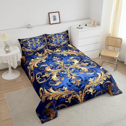 Erosebridal Paisley Comforter Set Queen Flower Bedding Set, Navy Blue Gold Bedding Comforter Sets Golden Floral Duvet, Bohemian Hippie Quilted Comforter Teen Adults Bedroom Décor, Lightweight 3pcs