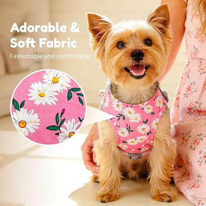 BAEJMJK Dog Harness and Leash Set with Bow Knot No Pull Pet Daisy Floral Harness with D-Ring Soft Mesh Dog Harness Vest Set Escape Proof Princess Puppy Harness for Small Girl Dogs Cats（Pink S）