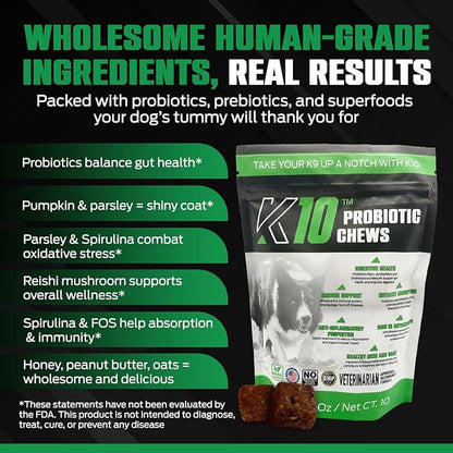 K10 Probiotic Chews for Dogs (10ct) – Advanced Digestive Support with Probiotics, Prebiotics & Superfoods – Vet-Preferred Dog Supplement for Digestion, Immunity, Skin, Coat & Everyday Vitality