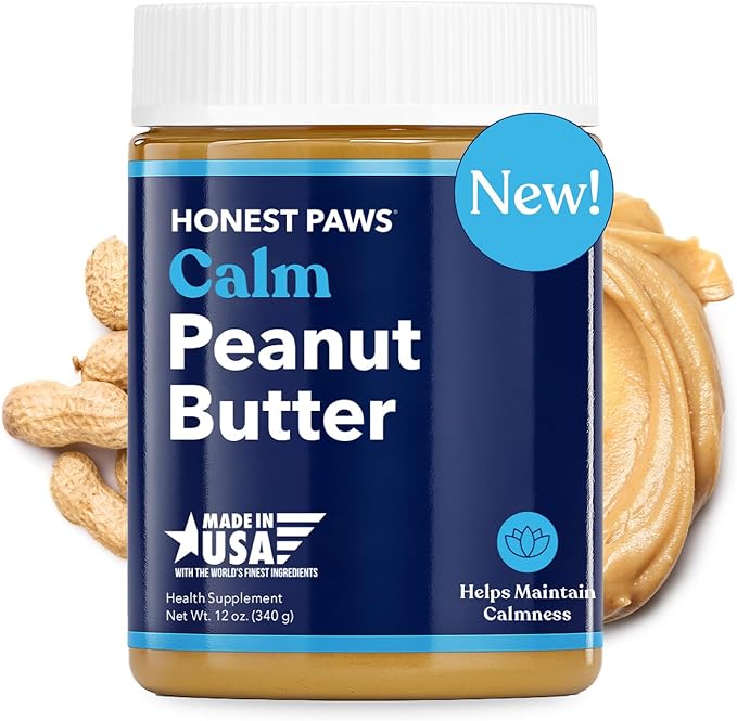 Honest Paws Calming Peanut Butter for Dogs – Dog Supplement with Ashwagandha, Valerian Root & L-Tryptophan – Supports Relaxation & Balanced Behavior – Made in USA – 12 oz