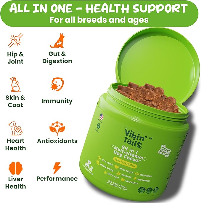 Vibin’ Tails 24-in-1 Dog Multivitamin, Glucosamine Chondroitin Hip & Joint Support, Probiotics & Omega-3, Skin & Coat - Puppy & Senior Chewable Dog Vitamins & Supplements Vet Formulated- 120ct Chicken