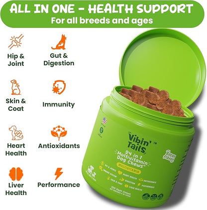 Vibin’ Tails 24-in-1 Dog Multivitamin, Glucosamine Chondroitin Hip & Joint Support, Probiotics & Omega-3, Skin & Coat - Puppy & Senior Chewable Dog Vitamins & Supplements Vet Formulated- 120ct Chicken