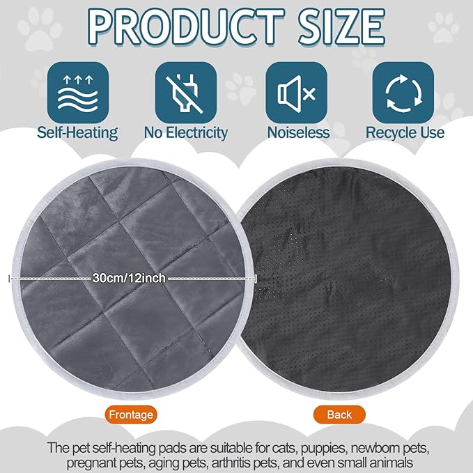 Drydiet 2 Pcs Self Warming Cat Mat Round Self Heating Pad Bed Reversible Machine Washable Heated Bed Anti Slip Warming Pad Pet Mat for Cat Crate Indoor Outdoor (Gray,12 Inch)