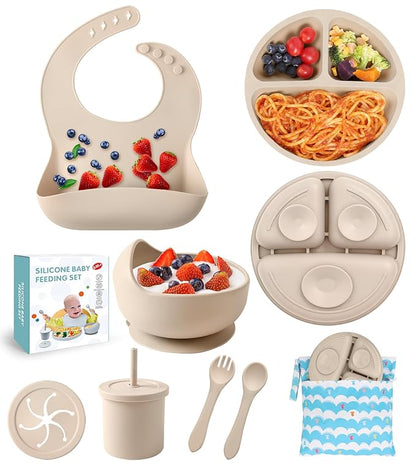 ECLIP Silicone Baby Feeding Set,10 Pcs Baby Led Weaning Supplies Baby Eating Essentials Set with Suction Bowl Divided Plate Adjustable Bib Soft Spoon Fork Cup with Lid Drinking Cup, Travel Bag (Beige)