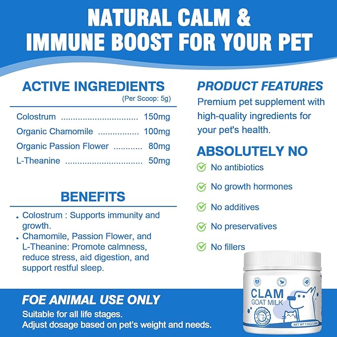 Goat Milk Powder Cat & Dog Calming Pet Goats Milk Calm Treats Anxiety Relief Contains GABA Designed for Pets with Anxiety Stress and Hyperactivity Supports Immune Skin and Bone Health