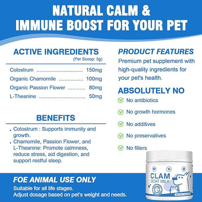 Goat Milk Powder Cat & Dog Calming Pet Goats Milk Calm Treats Anxiety Relief Contains GABA Designed for Pets with Anxiety Stress and Hyperactivity Supports Immune Skin and Bone Health