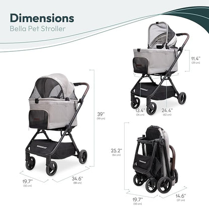WonderFold Bella Pet Stroller - Autofold Design with Lightweight Aluminum Frame, Breathable Carriage Fabrics and Canopy, Safety Tethers & Easy-Clean Interior - Light Gray