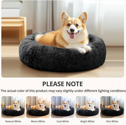 JOLLYVOGUE Calming Dog Beds Large Sized Dog, 36in Donut Washable Large Pet Bed, Anti-Slip & Anti-Anxiety Fluffy Faux Fur Round Dogs Bed, Fits up to 80 lbs Pets (Black)