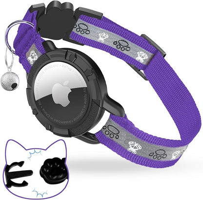 Breakaway AirTag Cat Collar, Reflective Cat Tracker Collar with Air Tag Holder and Bell, Safety Elastic Band Cat GPS Collars for Girl Boy Cats, Kittens and Puppies (Purple, 8-13'')