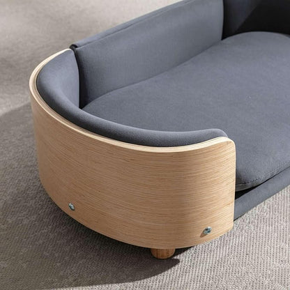 Velvet Dog Bed Pet Sofa with Solid Wood Legs and Bent Wood Back, Stain-Resistant Cushion in Multiple Colors - Luxury Pet Furniture for Cats and Dogs, Dark Grey