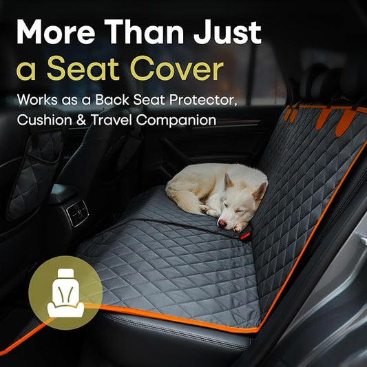 Jubily Dog Car Seat Cover for Back Seat, 100% Waterproof 600D Oxford Cloth Non-Slip Car Seat Protector, Universal Fit Pet Seat Cushion with Storage Pocket, Safety Ropes & Leash (Orange Edge)